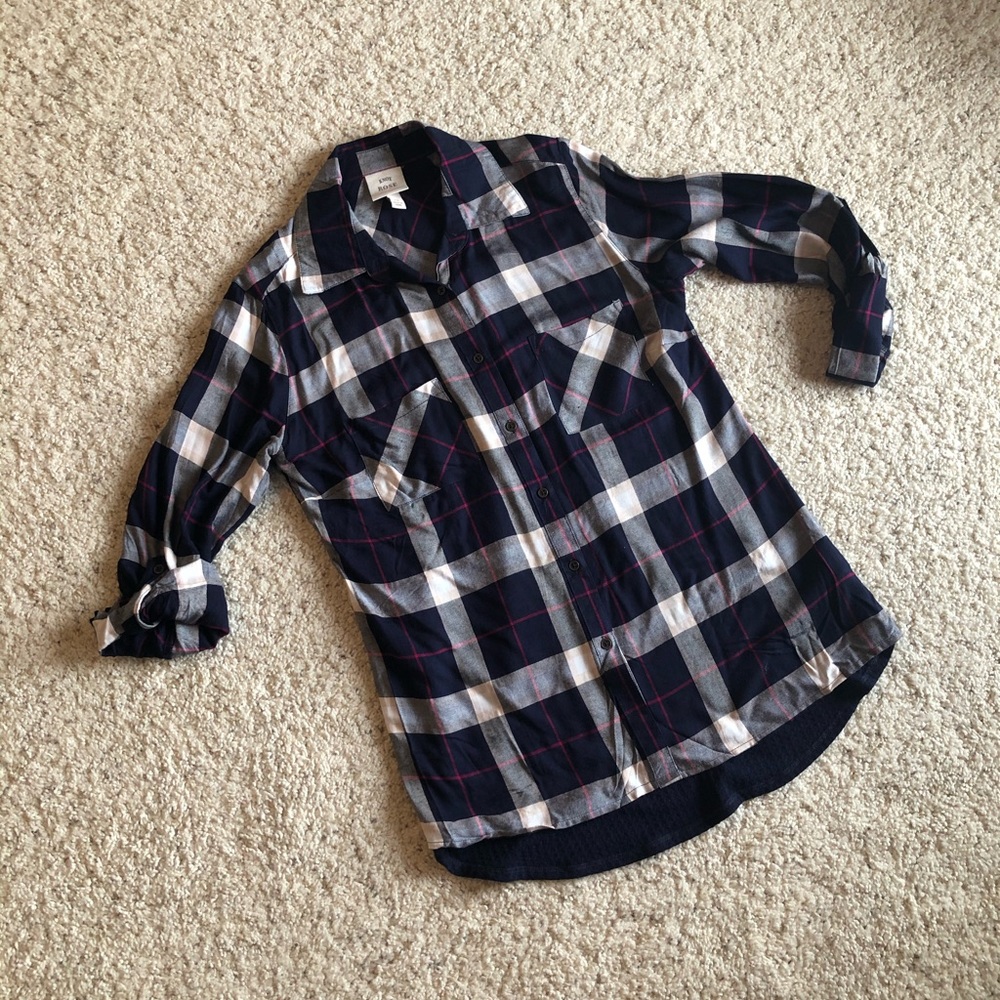 Knox Rose Navy and Pink accent plaid shirt